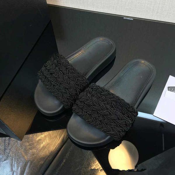 

designer women slippers c buckle sandals fashion casual shiny shoe pearls braided chain knit platform slippers pool slides ladies beach flip, Black