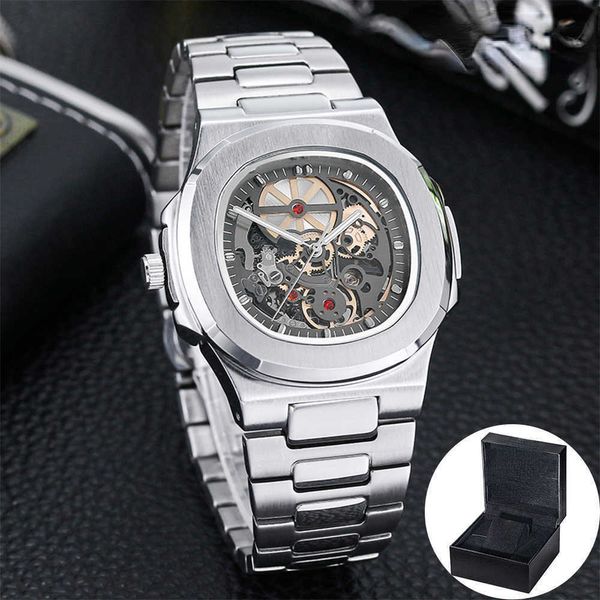 

wrist watch power reserve mechanical watches men's skeleton stainless steel powerful automatic square waterproof hand clock new, Slivery;black