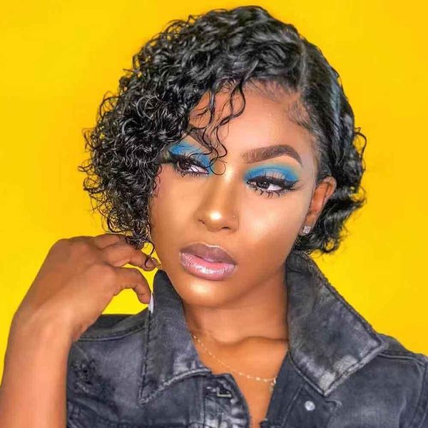 

short bob wig water wave lace front human hair wigs 150% brazilian hd full frontal 360 pixie cut afro curly pre plucked invisible for black, Black;brown