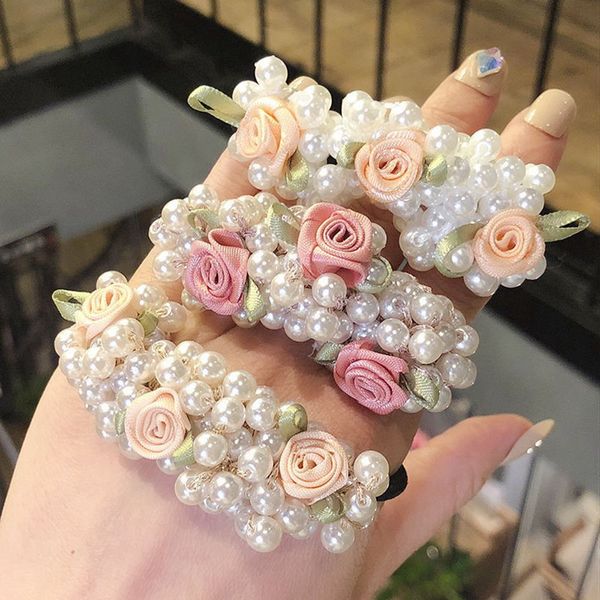 

women ribbon flower pearls hair rope handmade elastic beaded ponytail holders hair ties for women and girls hair accessories 1653, Slivery;white