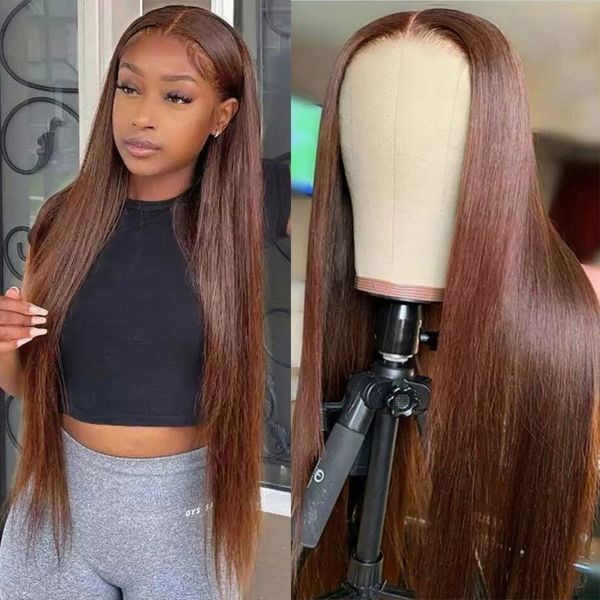 

chocolate brown lace front human hair wigs dark brown colored straight lace frontal wigs for women density, Black
