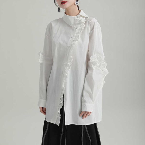 

zhongchuang 2023 spring new ruffle sleeve modified chinese asymmetric collar medium long women shirt, White