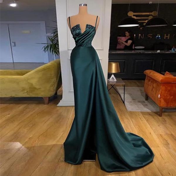 

stunning mermaid beaded evening dresses side split prom gowns pleated spaghetti straps neckline plus size satin formal dress, Black;red