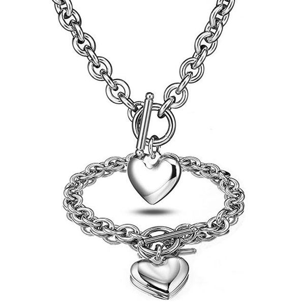 

luxury designer stainless steel heart bangle bracelet necklace stud earrings set shape original fashion classic bracelet women jewelry, Black