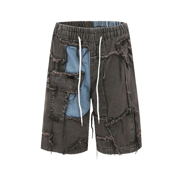 

high street frayed casual patchwork jeans summer men's shorts straight oversized loose denim pants washed