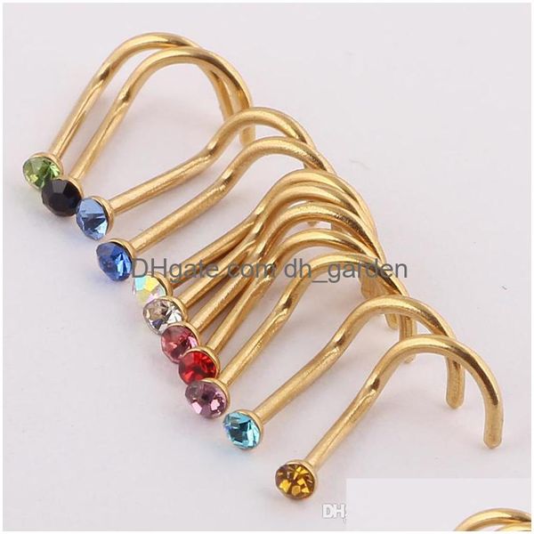 

nose rings studs mix colors rhinestone screw ring bone bar body piercing jewelry gold sier pin drop delivery dhgarden dhdny, Silver