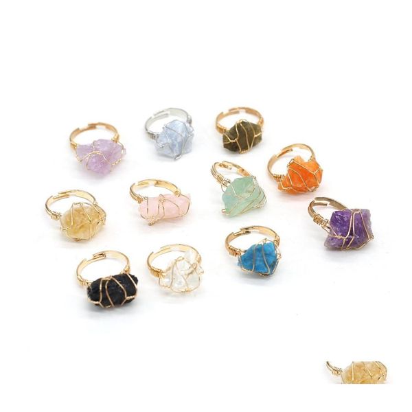 

solitaire ring wire wrap natural stone rings lapis lazi amethysts aventurine pink crystal adjustable for women jewelry drop delivery dhwuh, Golden;silver