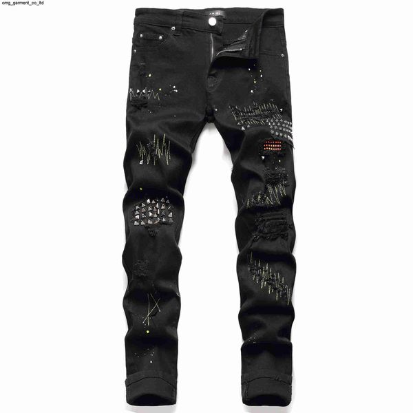 

fashion amirly nail fashion cloth brand youth men's elastic willow cotton paint black hole jeans patch pants, Blue