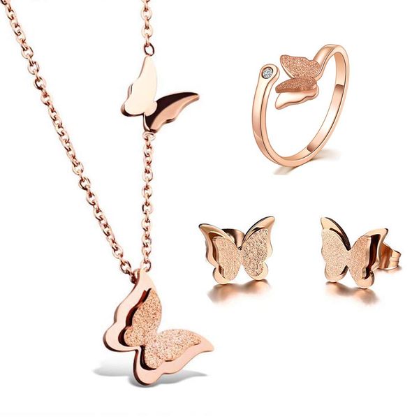 

18k rose gold butterfly stud earrings necklace ring set for women,adjustable rings, engagement gift for mother, lover, girlfriend, wife, Silver