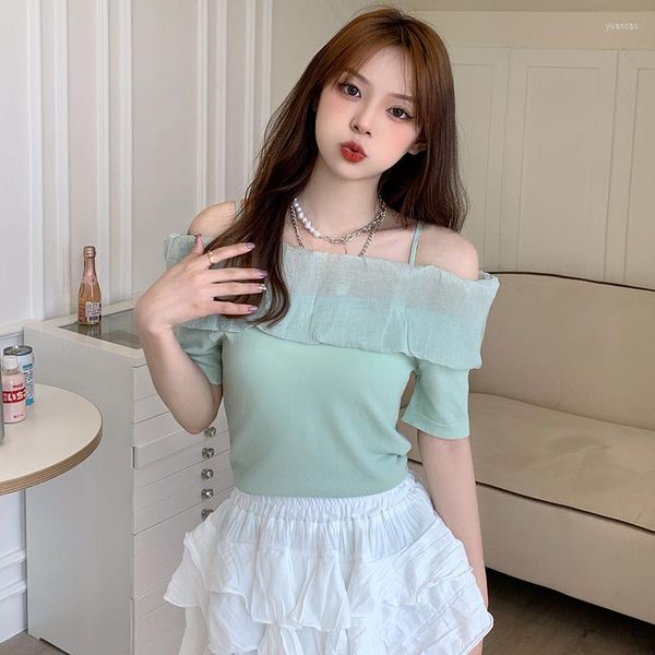 

women's t basic slash neck off shoulder chiffon patch t-shirts elegant knit slim shirt summer sweet top, White