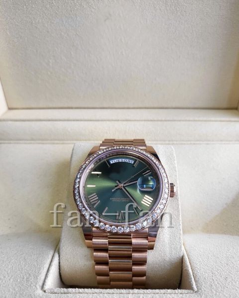 

2023 qc automatic movement watch day-date 228345rbr 40mm diamond bezel green olive dial president rose gold, Slivery;brown