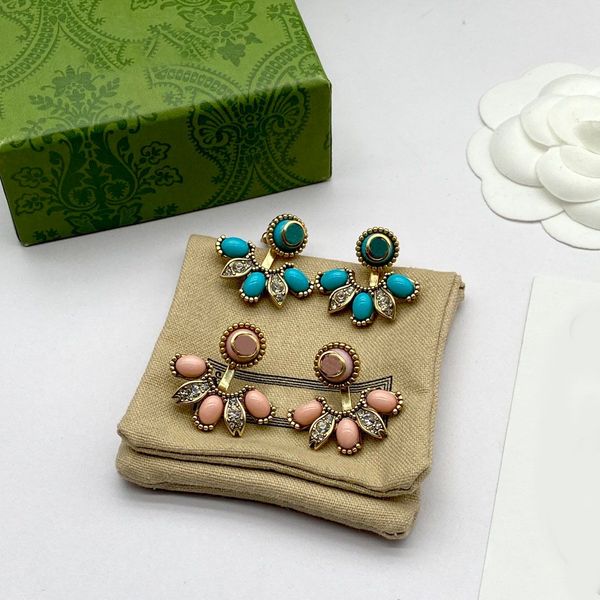 

flower shaped stud earrings blue pink rhinestone bronze plated edge luxury earrings designer for woman wedding party fashion brand aretes wi, Golden;silver
