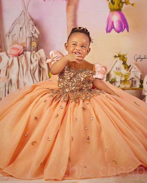 

2023 gold flower girl dresses jewel neck illusion ball gown cap sleeves crystal beading kids girls pageant dress floor length birthday gowns, White;blue