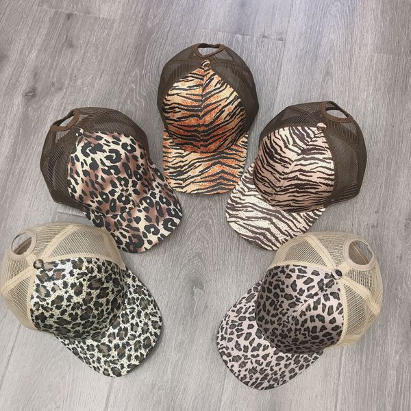 

women summer mesh back ponytail messy baseball cap vintage leopard tiger stripes printed adjustable trucker hat xy635, Blue;gray