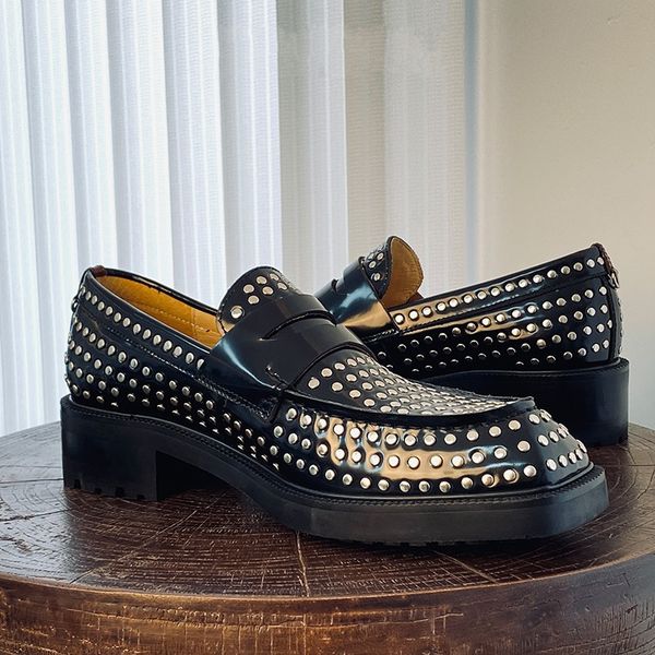

fashion thick heel rivets loafers handmade full grain leather mens oxfords gentlemen wedding dress shoes, Black