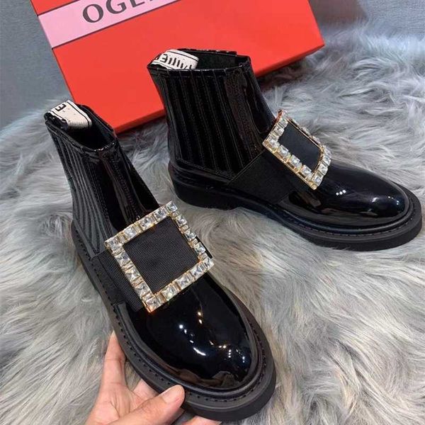 

shoes 2023 new rhinestone square buckle r british style thick sole inside high boots lacquer chelsea short boots martin boots women, Black