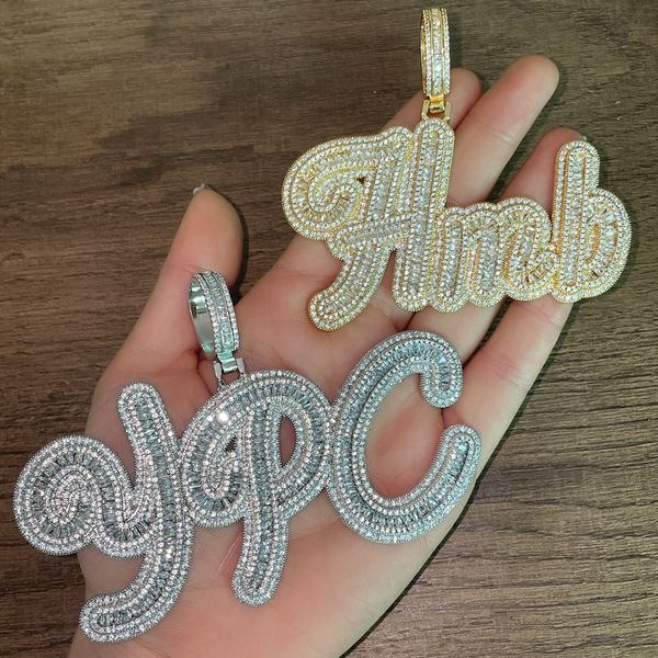 

18k real gold plated icy baguatte a-z custom name letters pendant necklace hip hop jewelry with 3mm 24inch rope chain for men women, Silver