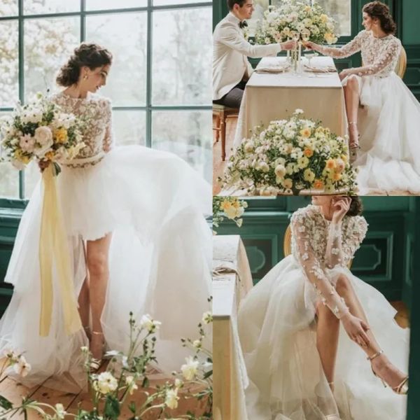 

2023 boho wedding dresses bridal gown tulle 3d floral lace applique jewel neck illusion ruched pleats high low long sleeves country custom p, White