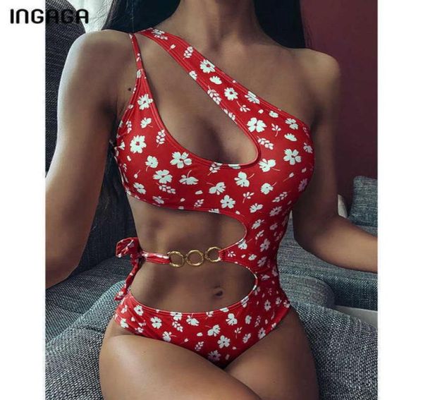 

ingaga cut out swimwear women onepiece swimsuits one shoulder bathing suit metal ring monokini 2021 new summer floral bathers3900713