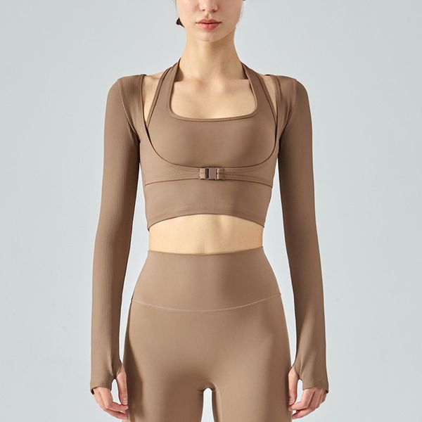 

ll hanging neck fake two yoga clothes long-sleeved fitness clothes with chest pads women's running sports clothes fast dry tights