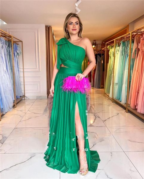 

a line green satin evening dresses one shoulder bow side slit prom party gowns robe de soiree, Black;red