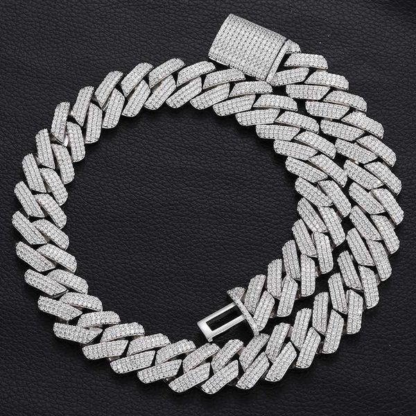 

20mm 3 rows heavy cuban prong link chain bling iced out box buckle 925 silver setting moissanite chain for men hip hop jewelry