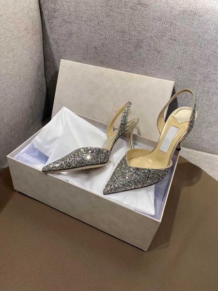

shoes wedding shoes jc2023 summer new hollow sandals women's slim heel sequins glitter pointed party high heels, Black