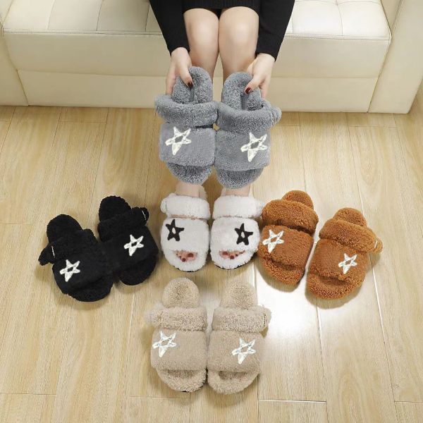 

winter men slipper fashion lazy belt buckle women designer shoes platform lady cartoon plush slippers 100% keep warm wool flops large size 3, Black