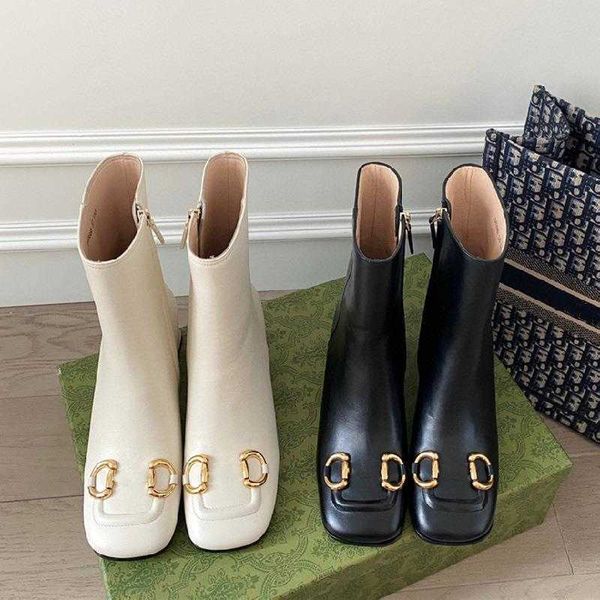 

shoes family g's buckle thick heel short boots for women 2023 new square head martin boots versatile leather thin elastic boots, Black