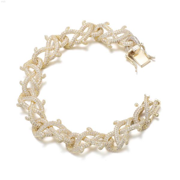 

2023 new cuban twisted branch shape chain 17mm cuban bracelet for men hip hop jewelry brass with full cz, Golden;silver