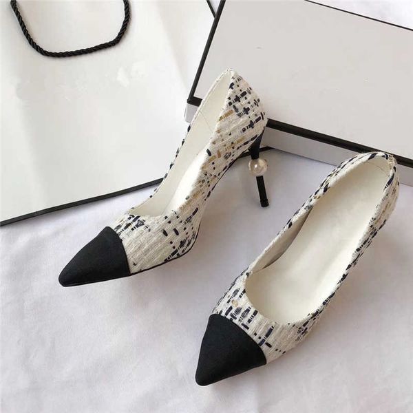 

shoes small fragrance color block pearl thin heel 2023 autumn new fashion celebrity professional versatile shallow high-heeled shoes female, Black