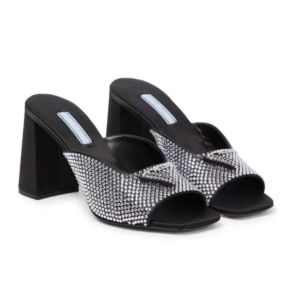 

slippers mules shoes womens slides high heels shoes factory footwear rhinestone real silk chunky block slip-on open toe luxury designers str, Black