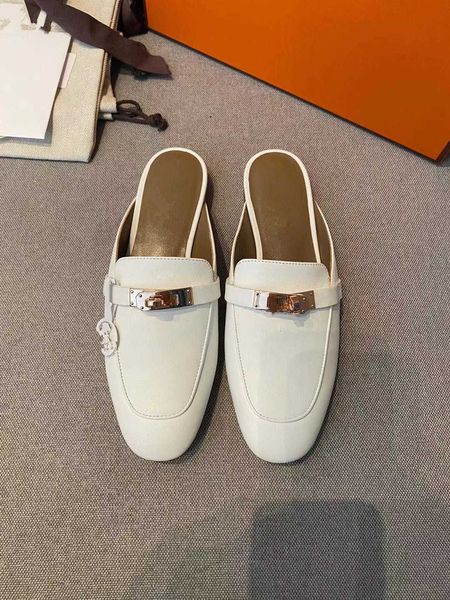 

shoes 2023 new style h family baotou semi slipper women muller loafer shoes wear fashionable printed cowhide flat slippers, Black