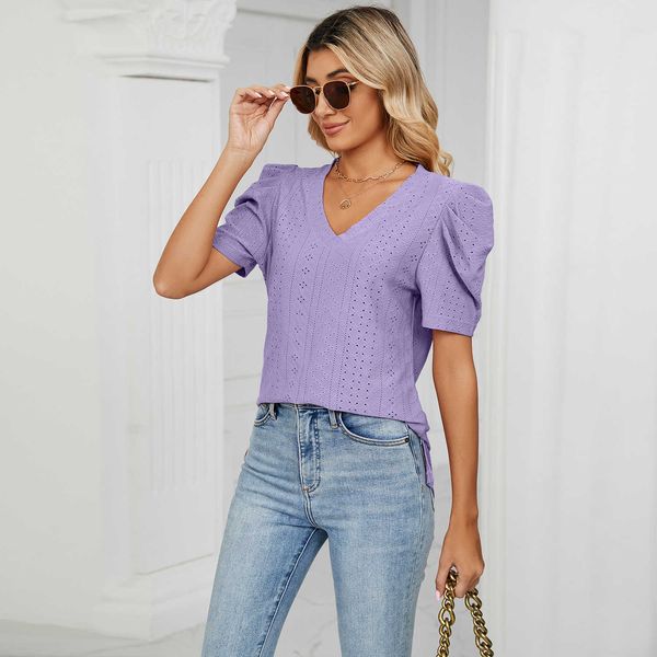 

women's 2023 new style summer new v-neck bubble sleeve loose short-sleeved t-shirt women wcd14, White