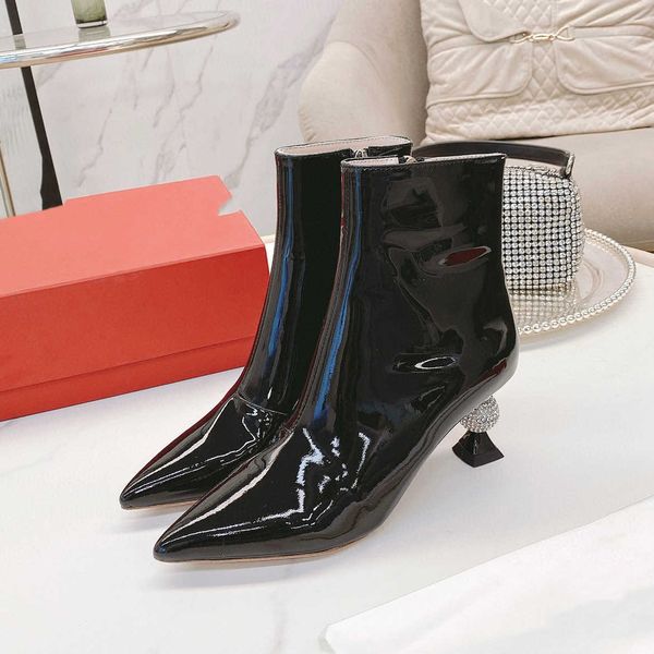 

shoes high edition 2023 autumn and winter rhinestone pointed leather medium short boots women's thin heel temperament versatile, Black