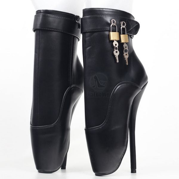 

new women ballet boots patent leather cosplay shoes fetish short botas extreme 18cm " high spike heel padlocks fashion lockable black