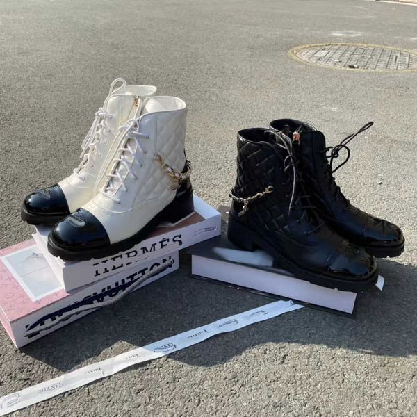 

shoes small fragrance 2023 autumn and winter new lingge chain short for women removable color contrast lace up fashion women's boots ma, Black