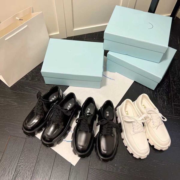 

shoes p's thick soled sponge cake shoes liu wen's same high rise lace up small leather shoes for women's new british style le, Black