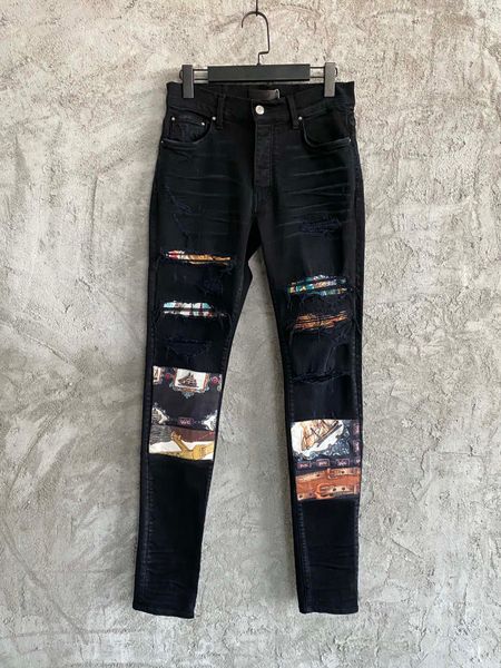 

2023ss pantalones rock revival vaqueros men's jeans, printed stickers, worn-out jeans, luxury designer, street exquisite casual pants, Blue