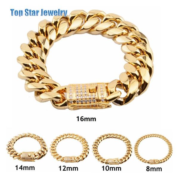 

8mm 10mm 12mm 14mm 16mm 18mm stainless steel bracelets 18k gold plated high polished miami cuban link men punk chain cubic zirconi287w, Black