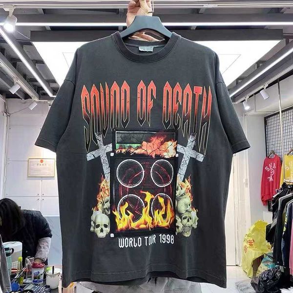 

men's shorts flaming skull cross print washed high street shortsleeved tshirt j230219, White;black