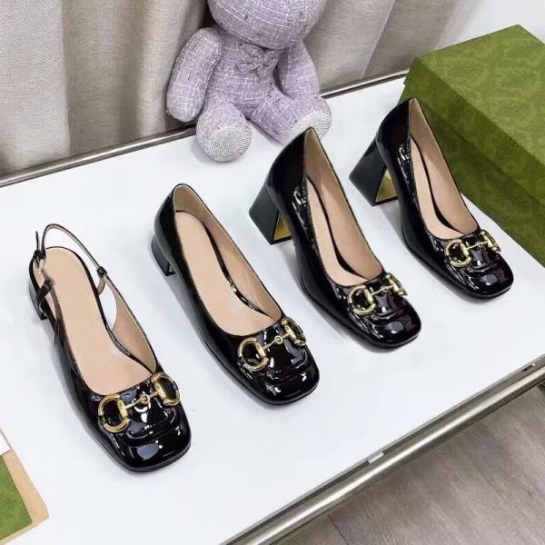

women dress shoes designer shoes spring autumn fashion toe coarser heel high leather metal buckle sandals lady heeled boat shoe large size 3, Black