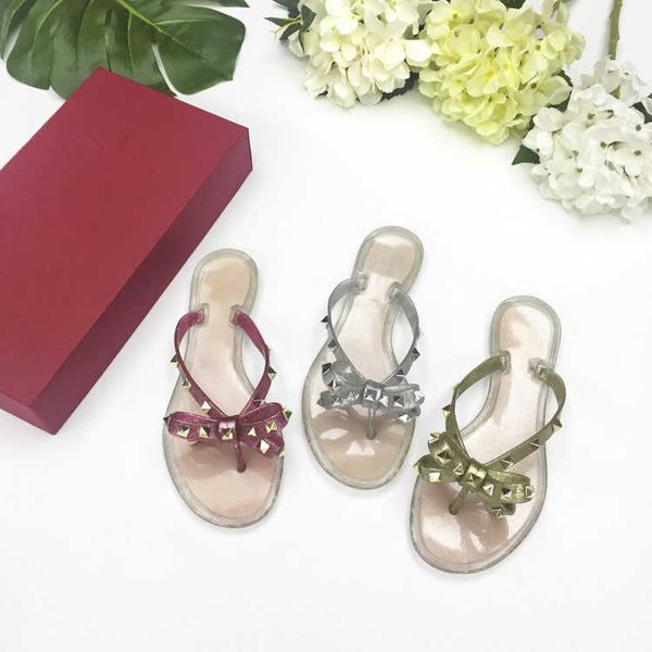 

shoes home korean summer new rivet flat pinch flip flop bowknot non slip bottom jelly women's slippers, Black