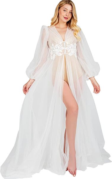 

hhq bridal tulle robe long white lace wedding nightgowns women bride getting ready robe boudoir shoot sheer dress, Red;black