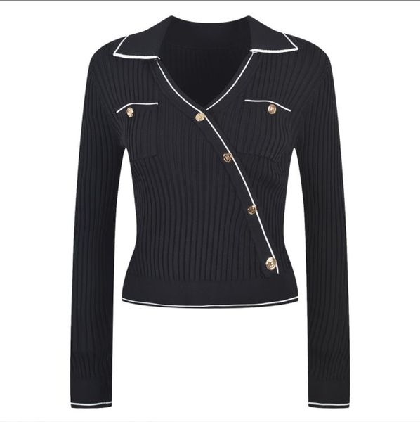 

208 2023 runway spring summer women sweater black brand same style sweater long sleeve lapel neck fashion clothes yl, White;black