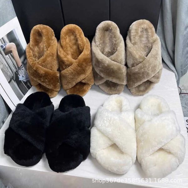 

shoes 2023 autumn new cross strap flat wool fashion with stockings rabbit hair thick bottom wearing versatile lazy women's drag, Black