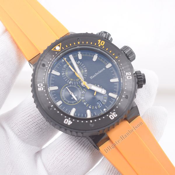 

mens watch chronograph 49mm motion yellow rubber stap black case luminous quartz screw crown wristwatch, Slivery;brown