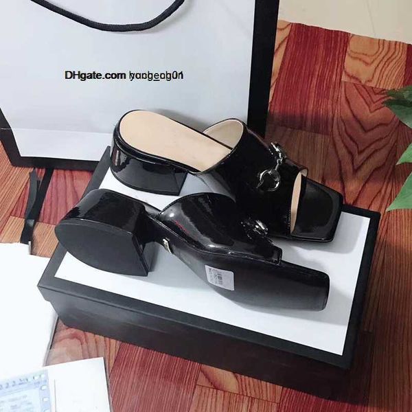 

classic designer women slippers cowhide 100% bright lacquer leather thick heels metal woman shoe beach lazy sandals high heeled shoes large, Black