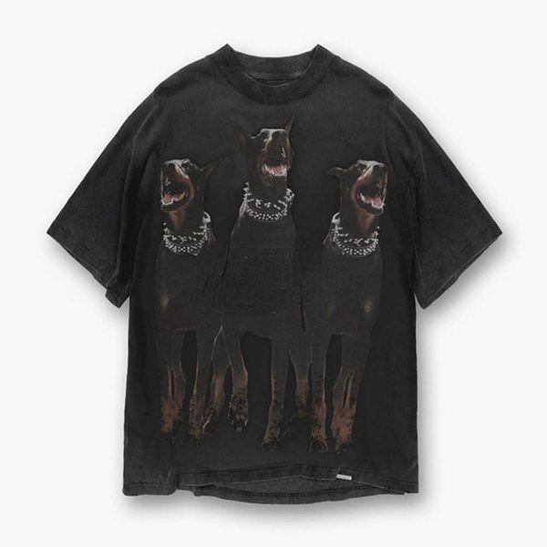 

2022 men's and women's essential t shirt doberman hound print vintage washed high street loose short sleeve t-shirt5u4v, White;black