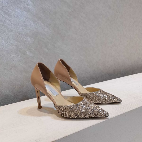 

shoes 20 new spring high heels leather women's shoes sequins pointed single shoes hollow wedding shoes bridesmaid shoes, Black